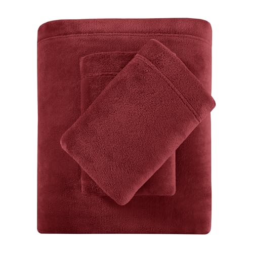 "SLEEP PHILOSOPHY True North Fleece Sheet Set King, Solid Color, Warm & Plush Sheets Soft Fleece Bedding King Size Sheets, Fitted Pocket Fits Up to 16"" Mattress, Soloft, King Burgundy 4 Piece"