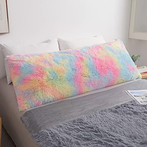 MEGO Rainbow Print Fluffy Body Pillow Cover, 21x54 Shaggy Faux Fur Body Pillow Case, Tie Dye Soft Plush Fuzzy Body Pillowcase, Furry Long Bed Pillow with Zipper for Kids Girls Children Women Rainbow