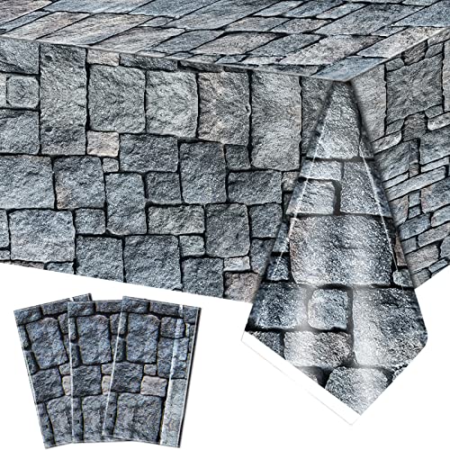 Cobblestone Tablecloth Stone Printed Table Cover Medieval Table Decoration Plastic Tablecloth Stone Brick Tablecovers for Medieval Castle Knight Themed Party Supplies, 4.3 x 7.2 Feet (3)