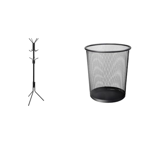 Amazon Basics Metal Coat and Clothes Stand Rack, Black, 48.1L x 48.1W x 175.5H cm & KEPLIN Round Trash Can - Black Non-slip Mesh Bin, Stylish & Sturdy Metal Waste Paper Bin for Home