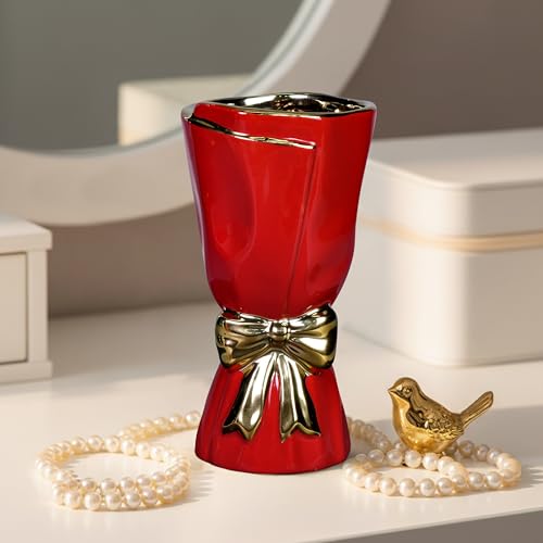 Wancetang Bow Red Vase for Flower, Modern Ceramic Vase for Pampas Grass, 10 Inch Decorative Vases Home Decor, Festive, Bathroom, Centerpiece for Holiday Table and Party Decor