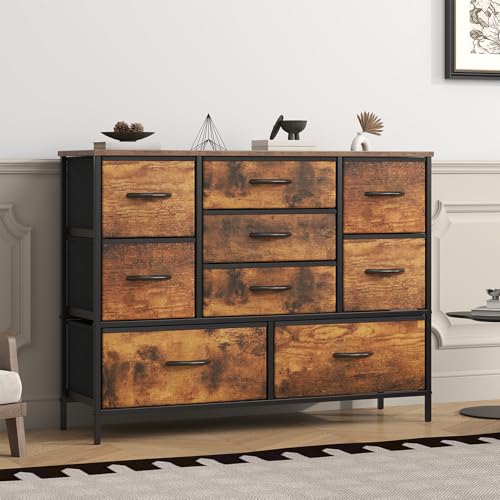 Feonase Chest of Drawers,Bedroom Dresser with 9 Fabric Drawers, Metal Frame & MDF Wood Top, Adjustable Feet, Storage Organizer Unit for Bedroom, Closet, Living Room, Office Hallway, Rustic Brown