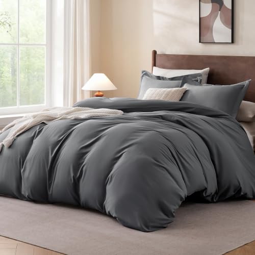 "FreshCulture Dark Grey California King Duvet Cover - 3 Pieces Microfiber Bedding Set, Soft Cozy Comforter Cover with Zipper Closure, 104""x98"", 2 Pillow Shams, Comforter Not Included"