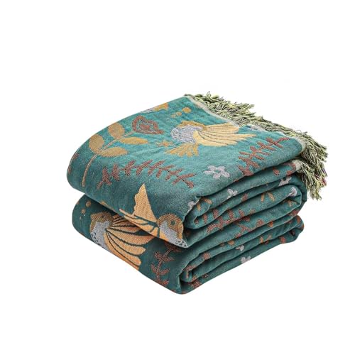 "XIBLC Boho Throw Blanket, 100% Cotton Ultra Soft Luxury Throw Rustic Quilt, 80""x90"" Floral Printed Farmhouse Decor Bed Summer Blankets, All Season Rustic Reversible Bohemian Throw for Bed - Blue"