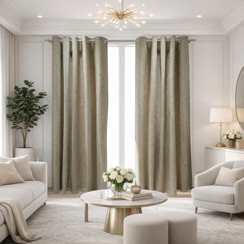 GC GAVENO CAVAILIA Blackout Curtains for Windows - 100% Polyester Velvet Eyelet Curtain (90x90 Inch) - 2 Panel Drapes, Super Soft Thermal Insulated Curtains for Bedroom & Living Room - Natural