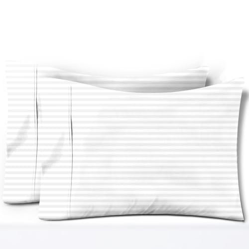 TEXAS LINEN CO. 100% Egyptian Cotton Pillow Cases Set of 2, 600 Thread Count White Stripe King Pillowcase for Sleeping, Soft, Silky Sateen Weave Bed Pillow Cover, Long Staple Cotton Pillowcases