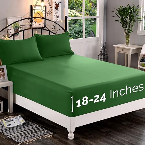 Elegant Comfort 1500 Premium Quality Fitted Sheet Ultra Soft 18-24 Inch Extra Deep Pocket - Single Fitted Sheet for High Mattress - Wrinkle Free with Smart Storage Pockets, Queen, Hunter Green