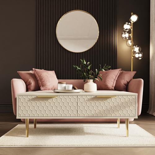GFW Azariah Coffee Table, Ivory Living Room Table with Geometric Honeycomb Design, Brass Effect Legs, Contemporary Centre Table for Modern Homes