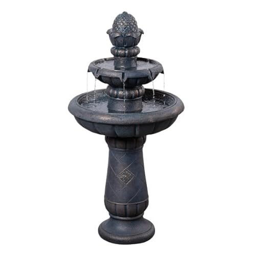 Teamson Home Two-Tier Outdoor Birdbath Fountain with Shallow Basin, Antique Stone-Effect Finish and Gentle Flowing Water 99cm Tall, Antique Copper