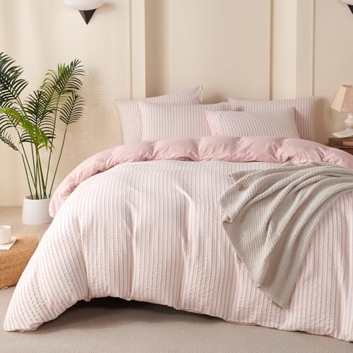 Striped Duvet Cover Set King Pink Washed Microfiber Jacquard 3 Pieces Bedding Set, White Pink Vertical Ticking Stripes Pattern Comforter Cover with Zipper Closure Breathable Durable Soft Comfy