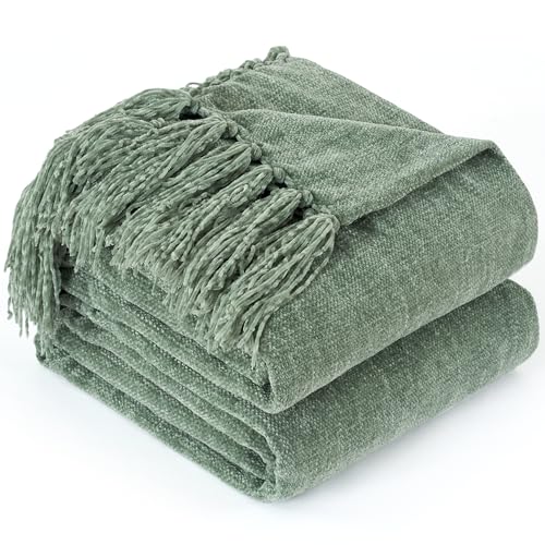 "GINAMUSE Chenille Throw Blanket for Couch - Soft Knit Blankets 50""X60"" - Cozy Warm Lightweight Boho Decorative Knitted Blankets with Tassels for Bed and Sofa,Light Green"