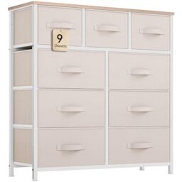 YITAHOME Wide Chest of Drawers with 9 Drawers, Fabric Dressers with Easy Pull Handle,Sturdy Steel Frame,Storage Drawers for Bedroom, Closet, Clothes,Cream White