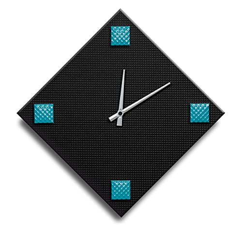 Mareli Wall Clock, 4 mm Wooden dial Covered Embossed Paper with Application of 4 Studs Coloured Enamelled Metal, Black and Turquoise, 42x42