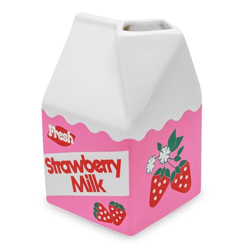 ban.do Vintage Carton Inspired Rise and Shine Decorative Mini Ceramic Vase, Unique Home/Kitchen/Office Accent, Strawberry Milk