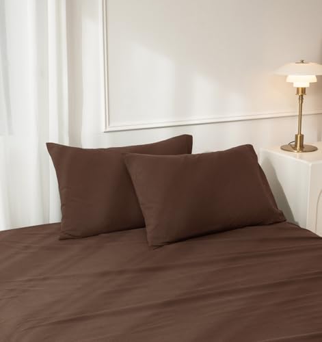 JIYUAN 100% Washed Cotton Pillowcases Set Envelope Closure Pack of 2 Comfy Simple Style Soft Breathable Textured Durable Linen Feel Bedding for All Seasons Standard Size, Chocolate Brown