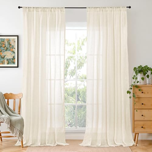 BGment Long Linen Curtains 102 Inch Length for Living Room, Light Beige Window Drapes for Bedroom Farmhosue Decor with Rod Pocket Leightweight Rustic Country Textured, 2 Panels Set, Each 52 Inch Wide