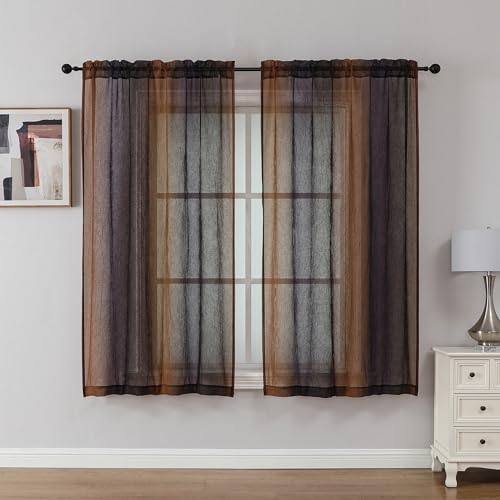 "OWENIE Ombre Sheer Curtains for Bedroom Living Room 54 Inch Length 2 Panels - Gradient Light Filtering Crinkle Crushed Semi Sheer Printed Curtains, Modern Rod Pocket, (42"" W x 54"" L, Purple/Gold)"