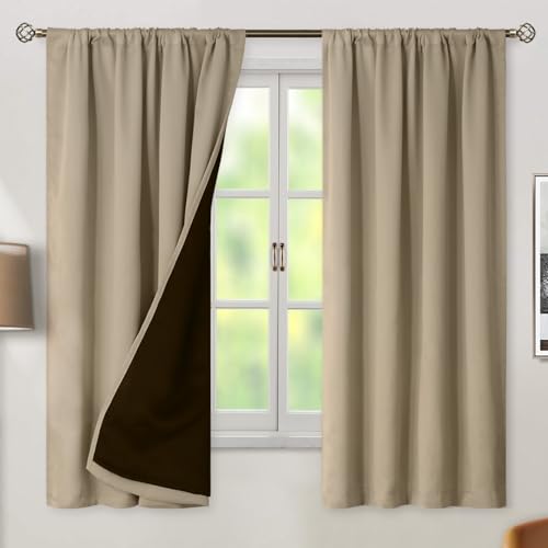 BGment 100% Blackout Curtains for Bedroom 63 Inch Length 2 Panels, Thermal Insulated Room Darkening Curtains Rod Pocket Soundproof Bedroom Living Room Window Curtains, Sand, Each 42 Inch Wide