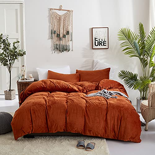 Houseri Velvet Rust Duvet King Size - Fluffy Terracotta Bedding Sets - Flannel Burnt Orange King Size Duvet Cover