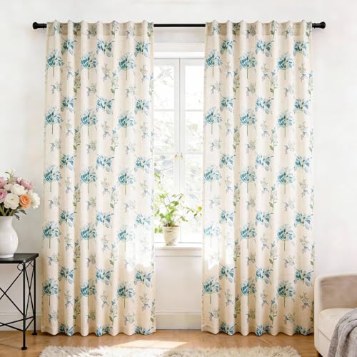 SpaceDresser Boho Linen Curtains 96 Inch Length, Vintage Blue Floral Pattern Curtains for Living Room 2 Panels, Linen Vintage Farmhouse Printed Rustic Drapes, 52 x 96 inch