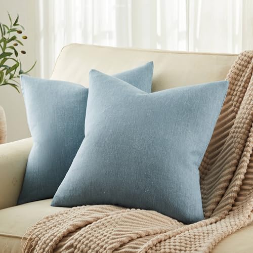 ZeeMart Rustic Linen Throw Pillow Covers Set of 2, River Blue 18x18in - Textured Pillow Case, Rustic Cotton Linen Fabric, Modern Farmhouse Cushion Covers for Sofa Bed Living Room Home Decor