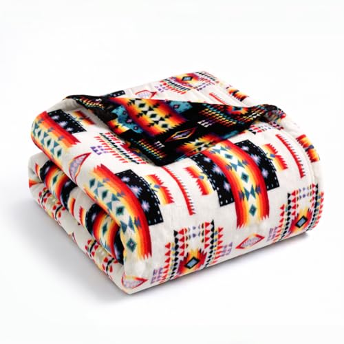 Sacred Thread Aztec Blanket Fleece, Reversible Native American Blanket, Western Throw, Native American Western (White Flannel), Full (60???x80???)