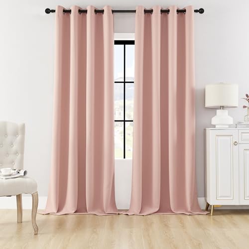 HUTO Blackout Bedroom Curtains Panels 96 Inch - Energy Saving Thermal Insulated Privacy Protect Antique Copper Grommet Sun Block Drapes for Living Room, 1 Pair, 52 by 96 Inch, Blush Pink