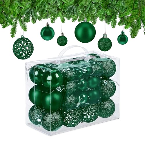 Relaxdays Christmas Bauble Set of 50, Glittery, Matt & Shiny Ornaments, Plastic Xmas Tree Balls, Ø: 3, 4 & 6 cm, Green