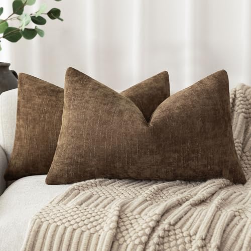 Foindtower Set of 2 Textured Chenille Throw Decorative Pillow Covers Square Accent Solid Cushion Cover Neutral Farmhouse Lumbar Pillow Case for Couch Sofa Bedroom Living Room 12x24 Inch,Dark Bronze