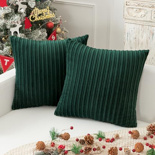 Kevin Textile Christmas Throw Pillow Covers Decorative Pillow Covers 18X18, Set of 2 Soft Corduroy Square Cushion Case Home Decor for Couch, Bed, Sofa, Bedroom, Dark Green, 18X18