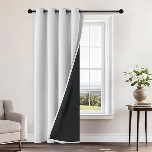 "Yakamok Greyish White Blackout Curtains 96 Inches Long 52"" Wide, 1 Panel - Blackout Curtain Panels for Bedroom, 2 Thick Layers Grommet Top Thermal Insulated Drapes with Black Liner for Living Room"