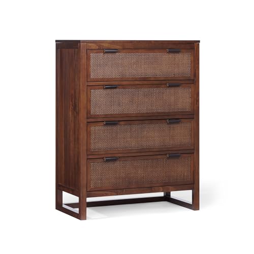 Teamson Home Hatteras 76 cm Wide Bedroom Dresser Chest of Drawers Chest of Drawers with 4 Rattan Inset Drawers, Walnut Finish, Acacia Veneer Construction and Practical Storage Design, Walnut