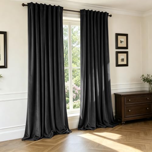Benedeco Black Velvet Curtains 52x120 Inch Blackout Curtains 2 Panels - Elegant Room Darkening Thermal Insulated Noise Reducing Velvet Drapes with Back Tab and Rod Pocket for Living Room, Bedroom