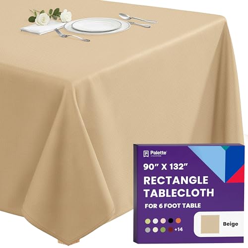 Gee Di Moda Rectangle Tablecloth - 90 x 132 Inch Beige Table Cloth for 6 Foot Table with Floor-Length Drop - Heavy Duty Washable Fabric - 6 Ft Buffet Table, Holiday Party, Wedding & Baby Shower