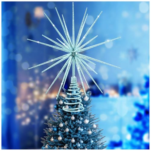 13.7 Inch Blue Christmas Tree Topper - 3D Burst Gold Tree Topper, Exploding Star Christmas Tree New Year Holiday Tree Decoration