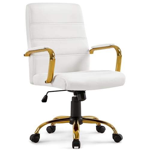 Yaheetech Faux Leather Office Chair Mid-Back Computer Desk Chair w/Lumbar Support Swivel Chair w/Gold Leg White Seat for Home