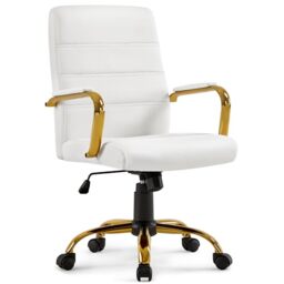 Yaheetech Faux Leather Office Chair Mid-Back Computer Desk Chair w/Lumbar Support Swivel Chair w/Gold Leg White Seat for Home