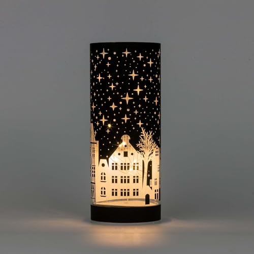 SHATCHI 22cm Christmas Decorated Vase Table Lamp Etched Glass Tube Xmas Deep Blue Cylinder LED Fairy Lights Battery Operated Table Decoration, Village