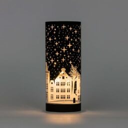 SHATCHI 22cm Christmas Decorated Vase Table Lamp Etched Glass Tube Xmas Deep Blue Cylinder LED Fairy Lights Battery Operated Table Decoration, Village