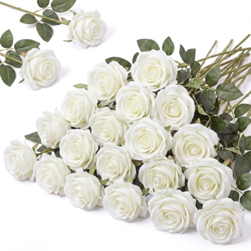 Hotop 20 Pcs Artificial Rose Flowers with Long Stem, Real Lifelike Silk Realistic Plastic Bouquet Roses Bulk for Home Decor Bridal Wedding Party Table Centerpieces Decorations(White)