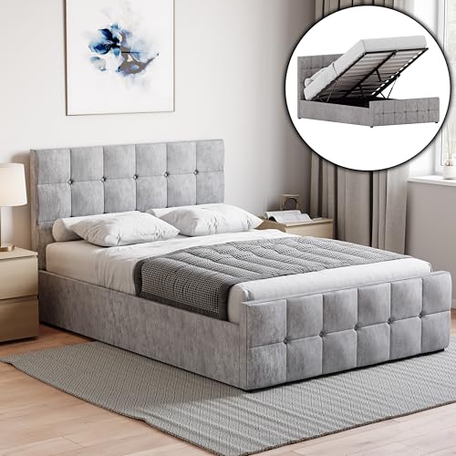 Vida Designs Valentina Double Ottoman Storage Bed Frame – Crushed Velvet Silver – Lift-Up Storage Design – 106H x 147W x 207D cm – Gas Lift Mechanism – UKFR Certified