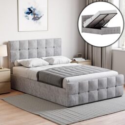 Vida Designs Valentina Double Ottoman Bed Frame - Crushed Velvet Silver- 105 H x 144 W x 207 D cm - Upholstered Velvet Headboard - Gas Lift - Large Storage - Slatted Base - Premium Bedroom Furniture