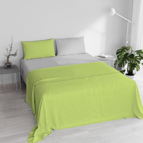 Double Bed Sheet Set, 100% Natural Cotton, Made in Italy – Complete Bed Set, Fitted Sheet, Top Sheet 240 x 300 cm and Pillowcases with Inner Flap, Acid Green/Light Grey