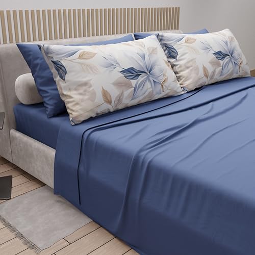 PETTI Artigiani Italiani - Double Bed Sheets Cotton with Pillowcases in Digital Print, Double Bed Sheet with Floral Pattern 164 Indigo, 100% Made in Italy