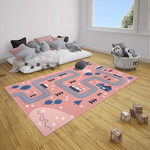 HANSE Home Dream Street Children's Room Rug - Boys Girls Play Mat Short Pile Rug Modern Play Street Motif Soft Pile Easy Care Pink 160 x 220 cm