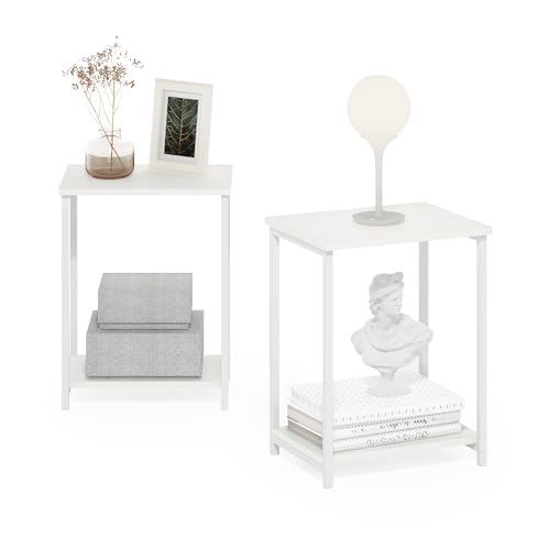 Furinno SIMPLISTIC Side Table Set of 2, 2-Tier Metal Frame End Table with Open Shelf, Night Stand, Bedside Table, for Living Room, Bedroom, White