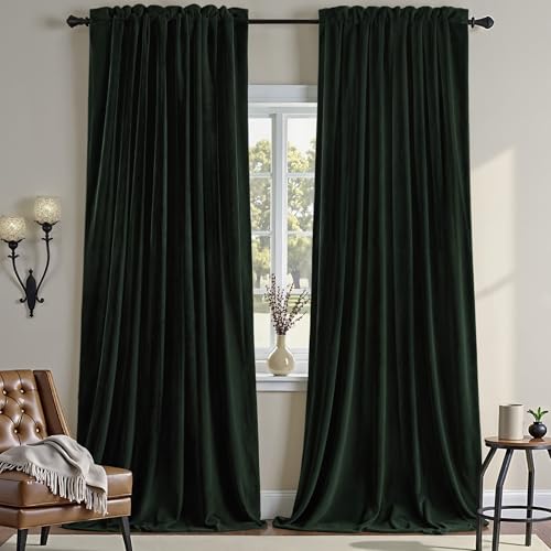 Nemia Dark Green Velvet Curtains Thermal Insulated Blackout Curtain for Bedroom Window Living Room Darkening Luxury Vintage 108 Inches Long Heavy Drapes Panels Rod Pocket Set of 2