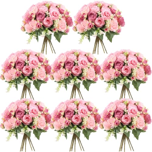 Geosar 8 Bundles Artificial Peonies Flowers Fake Silk Peony Bouquet Faux Peonies Flowers Bulk for Decoration Vase Floral Arrangements Wedding Party Table (Russet Red,Light Pink)