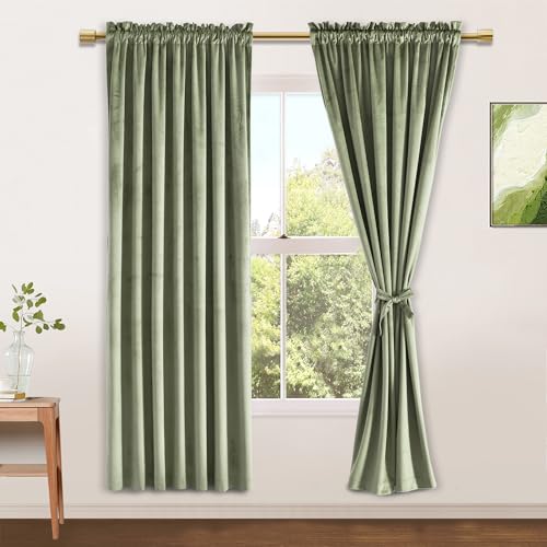 JIUZHEN Velvet Bedroom Curtains 63 Inch Long Super Soft Retro Velvet Blackout Noise Reducing Rod Pocket Curtains for Living Room, Set of 2 Panels, 52 x 63 Inches, Sage Green