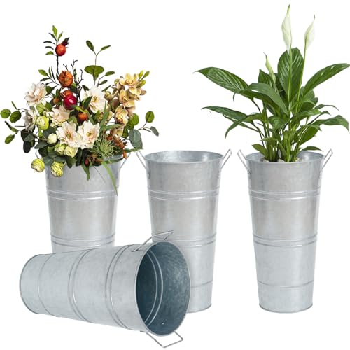 Notakia 10.62 Inch Galvanized Metal Vases Farmhouse French Flower Bucket Vases for Cut Flowers for Home Decor and Wedding Table Centerpiece Decorations (Medium Size Silver 4Pcs)